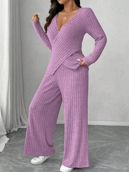 Calvaya Plus Size Soft Knit Fleece Ribbed Fabric Wrap Long Sleeve T-Shirt + Soft Fleece Ribbed Wide Leg Pants Casual Home 2 Pieces Set Fall Cloth For Women
