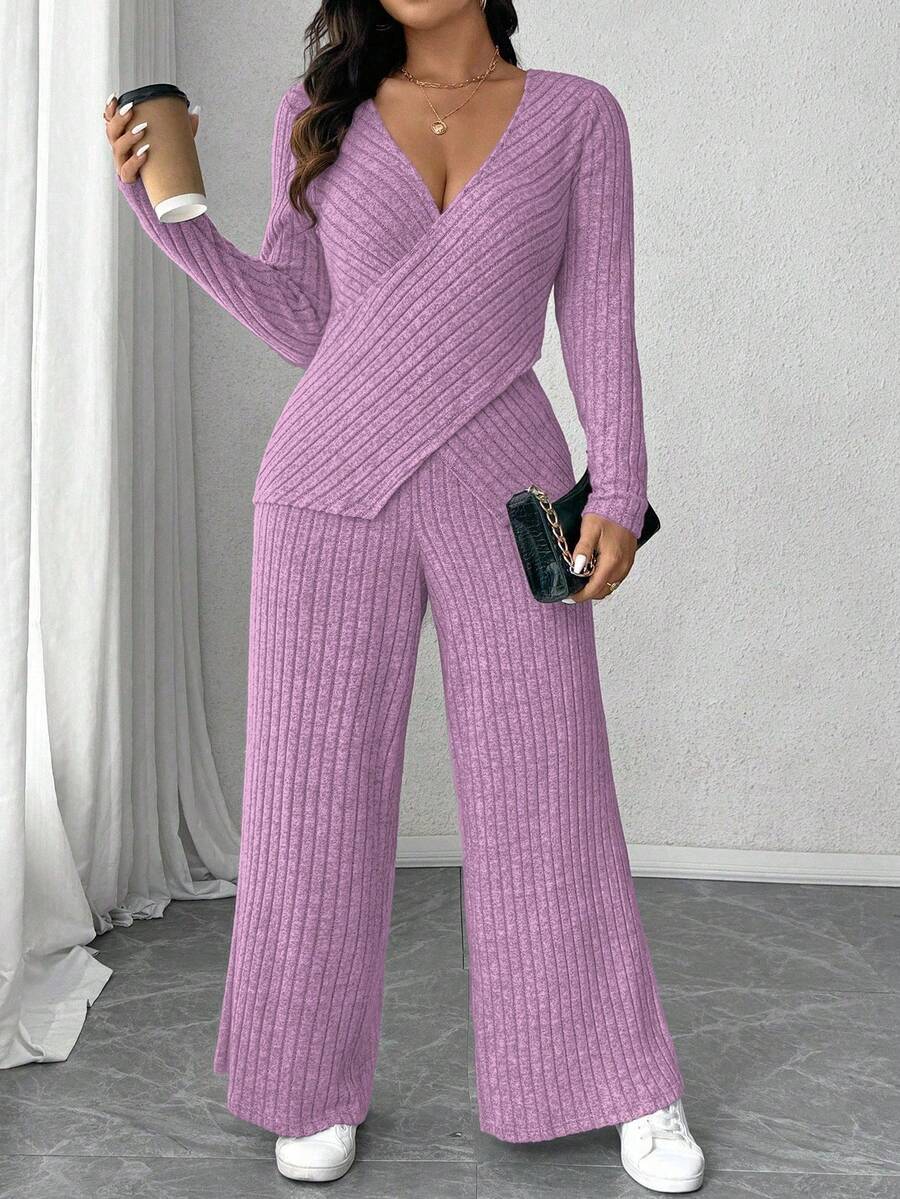 Calvaya Plus Size Soft Knit Fleece Ribbed Fabric Wrap Long Sleeve T-Shirt + Soft Fleece Ribbed Wide Leg Pants Casual Home 2 Pieces Set Fall Cloth For Women