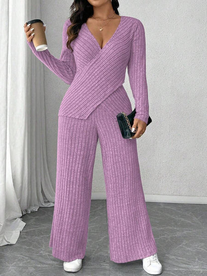 Calvaya Plus Size Soft Knit Fleece Ribbed Fabric Wrap Long Sleeve T-Shirt + Soft Fleece Ribbed Wide Leg Pants Casual Home 2 Pieces Set Fall Cloth For Women