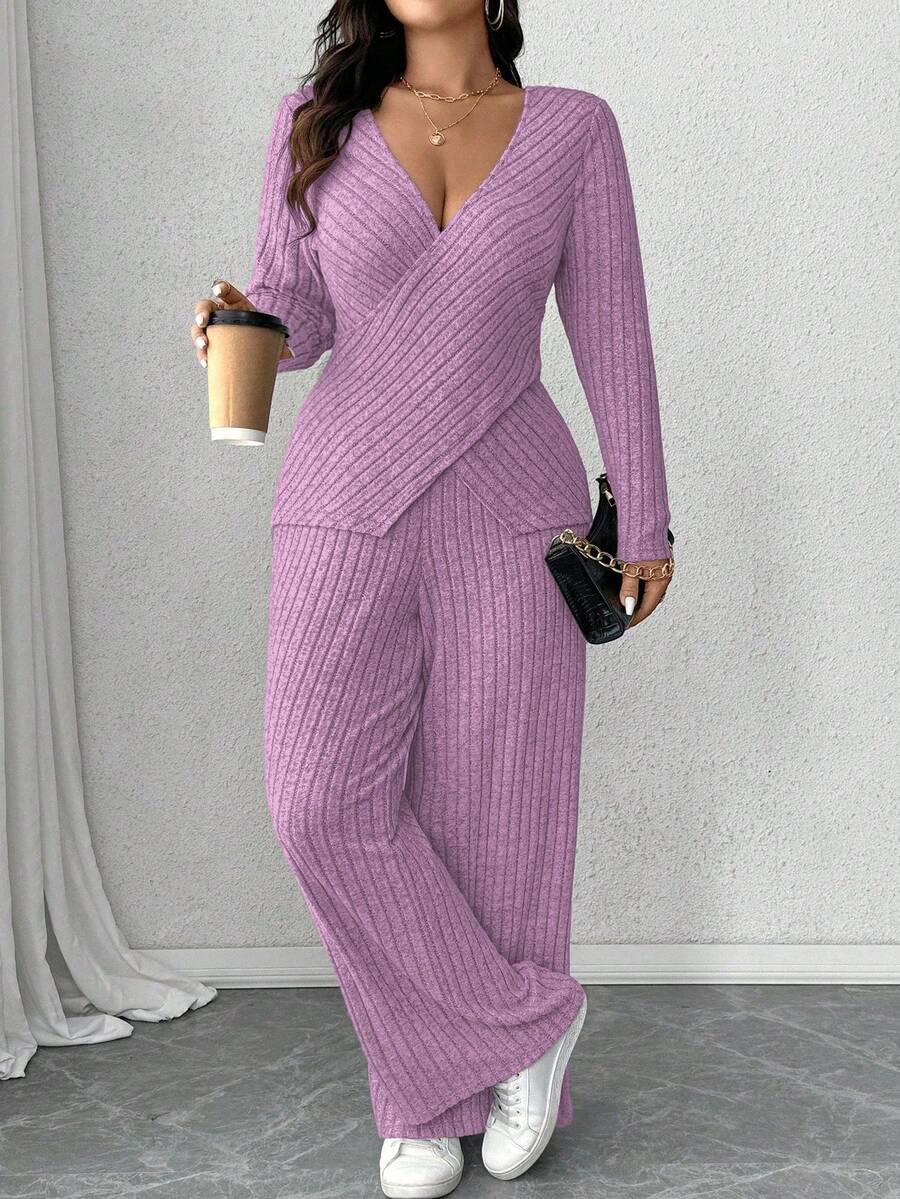 Calvaya Plus Size Soft Knit Fleece Ribbed Fabric Wrap Long Sleeve T-Shirt + Soft Fleece Ribbed Wide Leg Pants Casual Home 2 Pieces Set Fall Cloth For Women