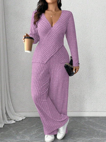 Calvaya Plus Size Soft Knit Fleece Ribbed Fabric Wrap Long Sleeve T-Shirt + Soft Fleece Ribbed Wide Leg Pants Casual Home 2 Pieces Set Fall Cloth For Women