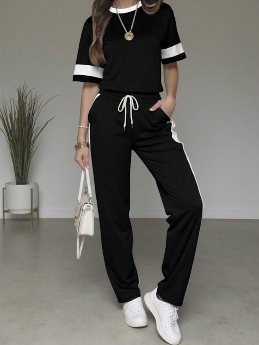 Spring/Summer Women's Casual Matching Contrast Color Round Neck Short Sleeve Top And High Waist Drawstring Straight Leg Pants 2 Pieces Set Elegant