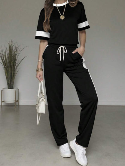 Spring/Summer Women's Casual Matching Contrast Color Round Neck Short Sleeve Top And High Waist Drawstring Straight Leg Pants 2 Pieces Set Elegant