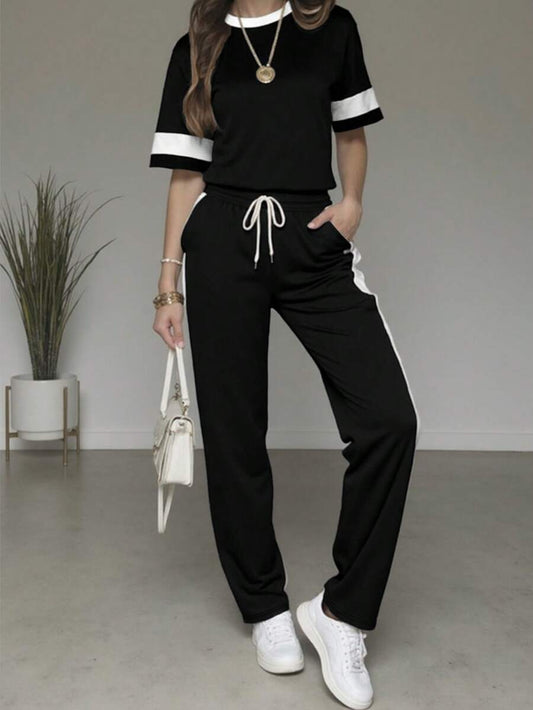 Spring/Summer Women's Casual Matching Contrast Color Round Neck Short Sleeve Top And High Waist Drawstring Straight Leg Pants 2 Pieces Set Elegant