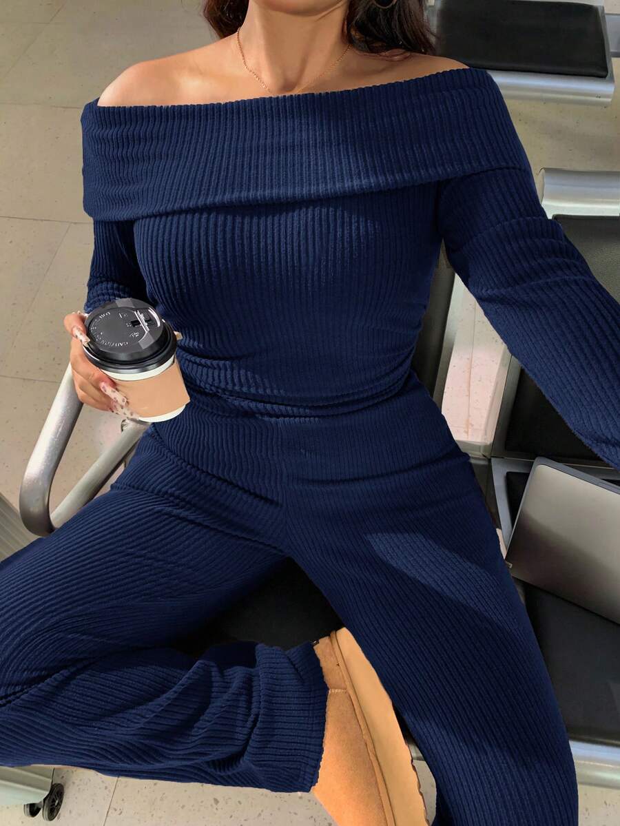 SHEIN EZwear Plus Size Woman Off Shoulder Ribbed 2 Pieces Set,Winter Long Sleeve Pants Sets,Christmas Lounge Set,Burgundy,Autumn,Smart Casual,Everyday Comfortable