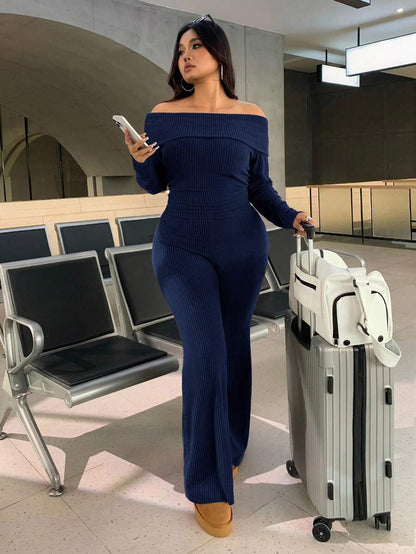 SHEIN EZwear Plus Size Woman Off Shoulder Ribbed 2 Pieces Set,Winter Long Sleeve Pants Sets,Christmas Lounge Set,Burgundy,Autumn,Smart Casual,Everyday Comfortable