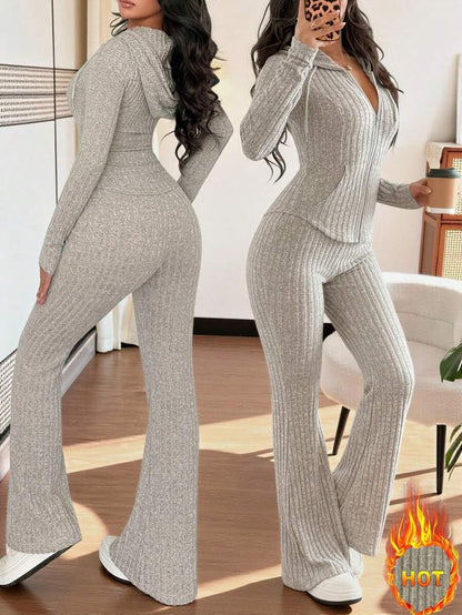 SHEIN Raffinéa Casual Hooded Cinched Waist Pocket Jacket And Flare Ribbed Knit Pants 2 Pieces Set For Women, Versatile Daily Wear, Autumn/Winter Fall Cloth For Women