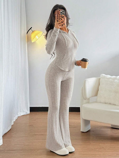 SHEIN Raffinéa Casual Hooded Cinched Waist Pocket Jacket And Flare Ribbed Knit Pants 2 Pieces Set For Women, Versatile Daily Wear, Autumn/Winter Fall Cloth For Women