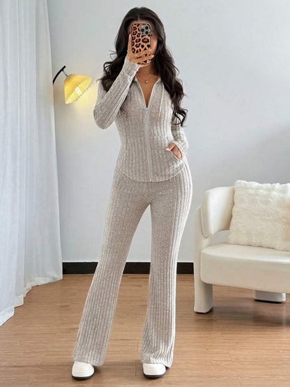 SHEIN Raffinéa Casual Hooded Cinched Waist Pocket Jacket And Flare Ribbed Knit Pants 2 Pieces Set For Women, Versatile Daily Wear, Autumn/Winter Fall Cloth For Women