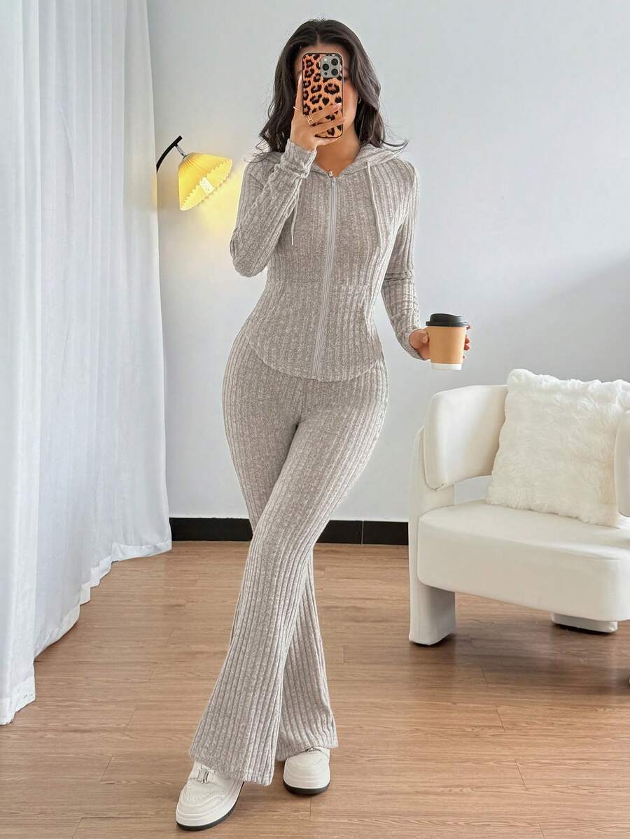 SHEIN Raffinéa Casual Hooded Cinched Waist Pocket Jacket And Flare Ribbed Knit Pants 2 Pieces Set For Women, Versatile Daily Wear, Autumn/Winter Fall Cloth For Women