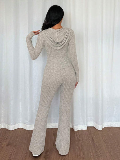 SHEIN Raffinéa Casual Hooded Cinched Waist Pocket Jacket And Flare Ribbed Knit Pants 2 Pieces Set For Women, Versatile Daily Wear, Autumn/Winter Fall Cloth For Women