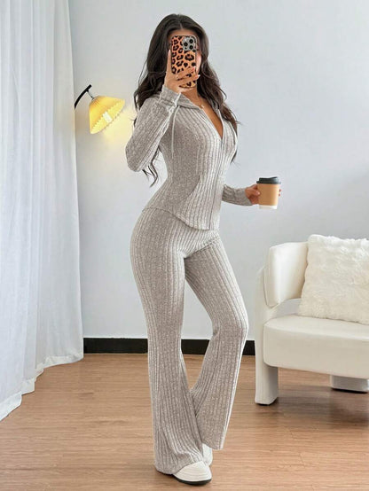 SHEIN Raffinéa Casual Hooded Cinched Waist Pocket Jacket And Flare Ribbed Knit Pants 2 Pieces Set For Women, Versatile Daily Wear, Autumn/Winter Fall Cloth For Women