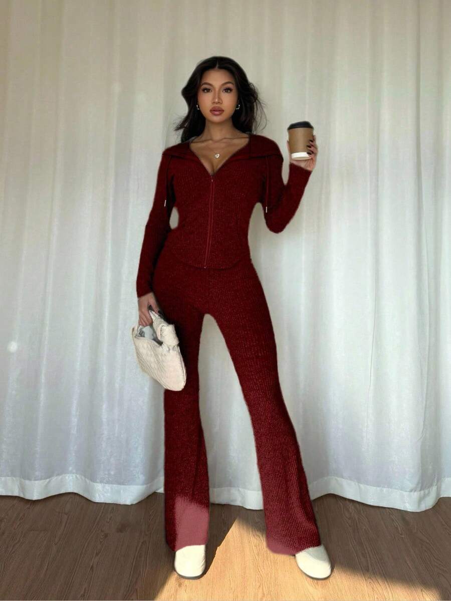 SHEIN Raffinéa Casual Hooded Cinched Waist Pocket Jacket And Flare Ribbed Knit Pants 2 Pieces Set For Women, Versatile Daily Wear, Autumn/Winter Fall Cloth For Women