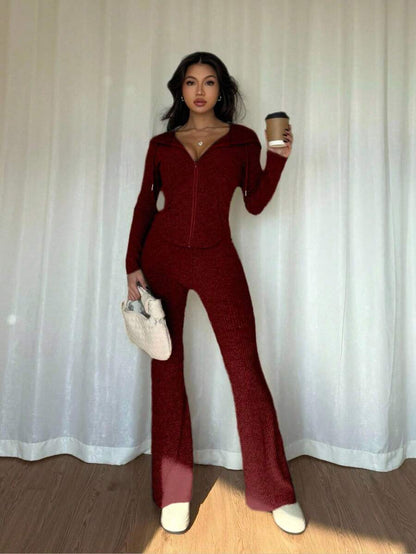SHEIN Raffinéa Casual Hooded Cinched Waist Pocket Jacket And Flare Ribbed Knit Pants 2 Pieces Set For Women, Versatile Daily Wear, Autumn/Winter Fall Cloth For Women