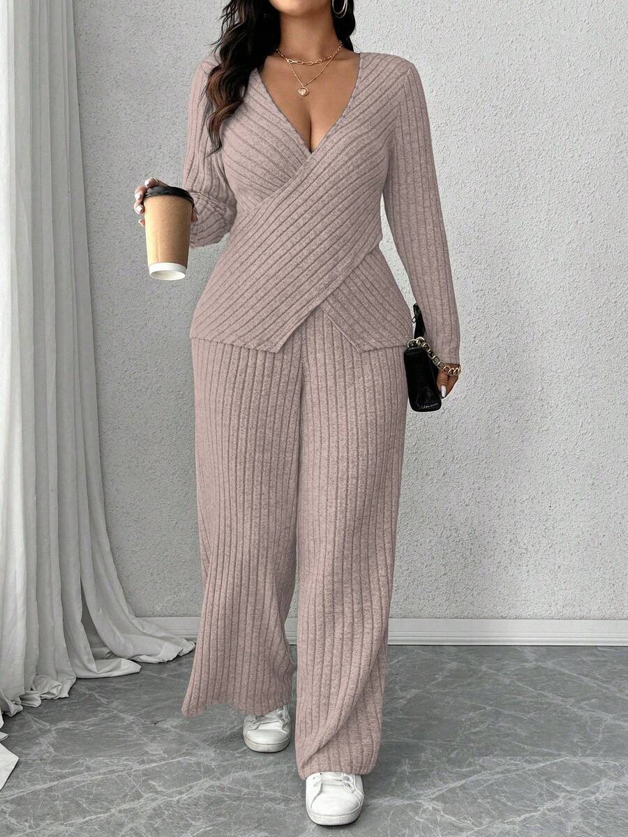 Calvaya Plus Size Soft Knit Fleece Ribbed Fabric Wrap Long Sleeve T-Shirt + Soft Fleece Ribbed Wide Leg Pants Casual Home 2 Pieces Set Fall Cloth For Women