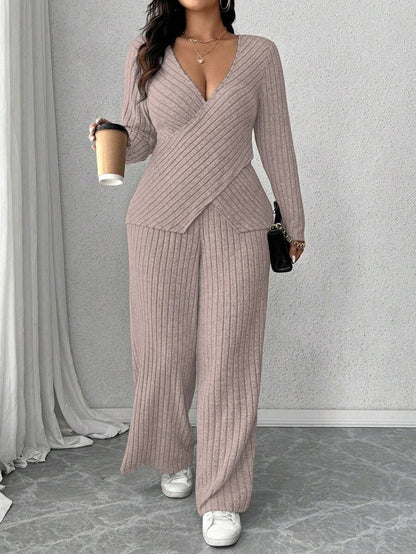 Calvaya Plus Size Soft Knit Fleece Ribbed Fabric Wrap Long Sleeve T-Shirt + Soft Fleece Ribbed Wide Leg Pants Casual Home 2 Pieces Set Fall Cloth For Women
