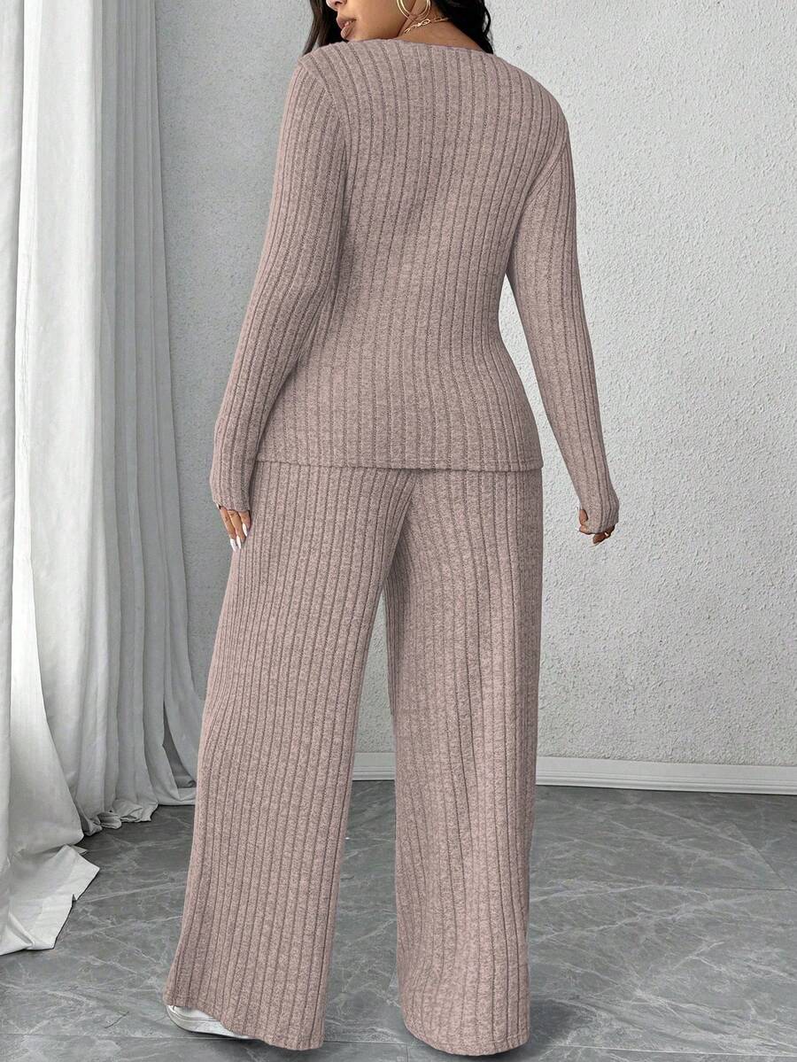 Calvaya Plus Size Soft Knit Fleece Ribbed Fabric Wrap Long Sleeve T-Shirt + Soft Fleece Ribbed Wide Leg Pants Casual Home 2 Pieces Set Fall Cloth For Women