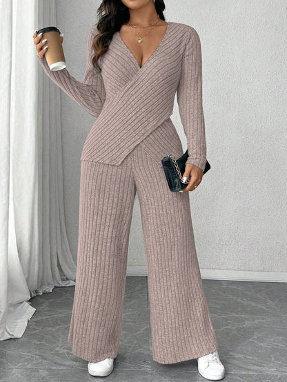 Calvaya Plus Size Soft Knit Fleece Ribbed Fabric Wrap Long Sleeve T-Shirt + Soft Fleece Ribbed Wide Leg Pants Casual Home 2 Pieces Set Fall Cloth For Women
