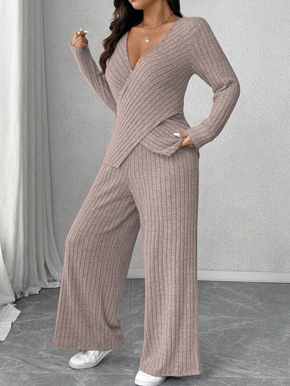 Calvaya Plus Size Soft Knit Fleece Ribbed Fabric Wrap Long Sleeve T-Shirt + Soft Fleece Ribbed Wide Leg Pants Casual Home 2 Pieces Set Fall Cloth For Women