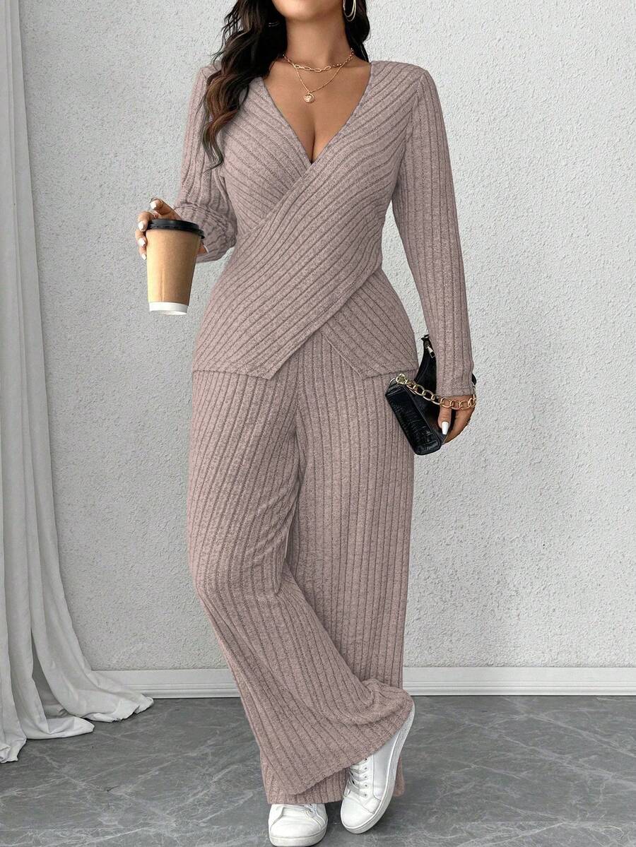 Calvaya Plus Size Soft Knit Fleece Ribbed Fabric Wrap Long Sleeve T-Shirt + Soft Fleece Ribbed Wide Leg Pants Casual Home 2 Pieces Set Fall Cloth For Women