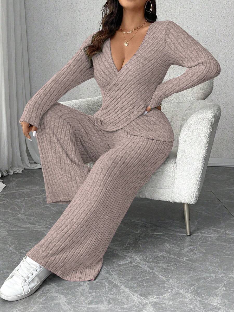 Calvaya Plus Size Soft Knit Fleece Ribbed Fabric Wrap Long Sleeve T-Shirt + Soft Fleece Ribbed Wide Leg Pants Casual Home 2 Pieces Set Fall Cloth For Women