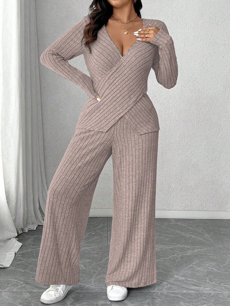 Calvaya Plus Size Soft Knit Fleece Ribbed Fabric Wrap Long Sleeve T-Shirt + Soft Fleece Ribbed Wide Leg Pants Casual Home 2 Pieces Set Fall Cloth For Women