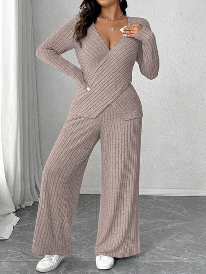 Calvaya Plus Size Soft Knit Fleece Ribbed Fabric Wrap Long Sleeve T-Shirt + Soft Fleece Ribbed Wide Leg Pants Casual Home 2 Pieces Set Fall Cloth For Women