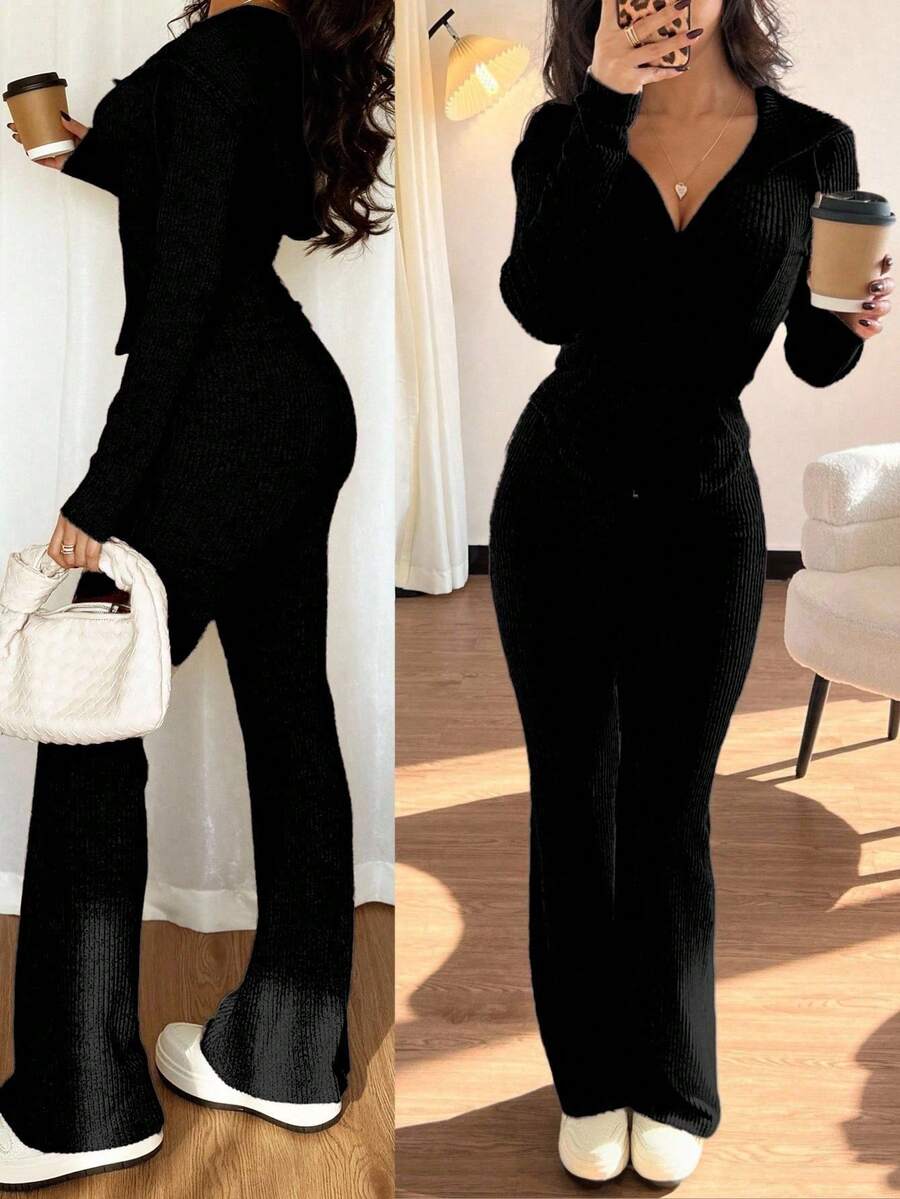 SHEIN Raffinéa Casual Hooded Cinched Waist Pocket Jacket And Flare Ribbed Knit Pants 2 Pieces Set For Women, Versatile Daily Wear, Autumn/Winter Fall Cloth For Women