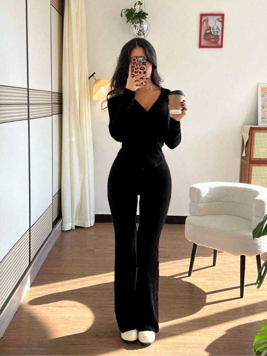 SHEIN Raffinéa Casual Hooded Cinched Waist Pocket Jacket And Flare Ribbed Knit Pants 2 Pieces Set For Women, Versatile Daily Wear, Autumn/Winter Fall Cloth For Women