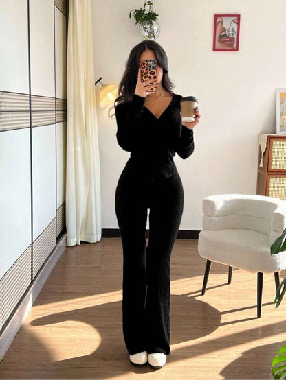SHEIN Raffinéa Casual Hooded Cinched Waist Pocket Jacket And Flare Ribbed Knit Pants 2 Pieces Set For Women, Versatile Daily Wear, Autumn/Winter Fall Cloth For Women
