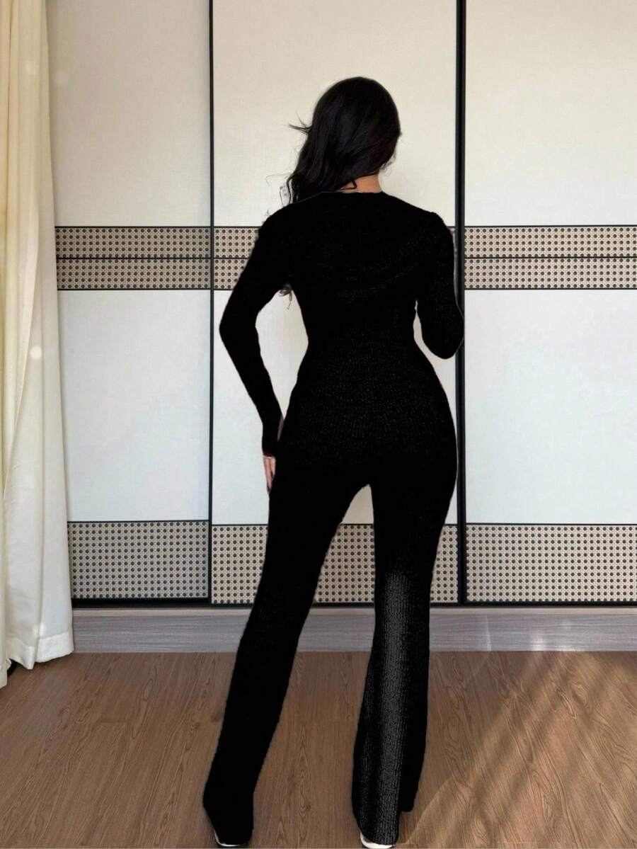 SHEIN Raffinéa Casual Hooded Cinched Waist Pocket Jacket And Flare Ribbed Knit Pants 2 Pieces Set For Women, Versatile Daily Wear, Autumn/Winter Fall Cloth For Women