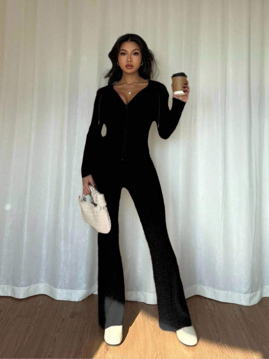 SHEIN Raffinéa Casual Hooded Cinched Waist Pocket Jacket And Flare Ribbed Knit Pants 2 Pieces Set For Women, Versatile Daily Wear, Autumn/Winter Fall Cloth For Women