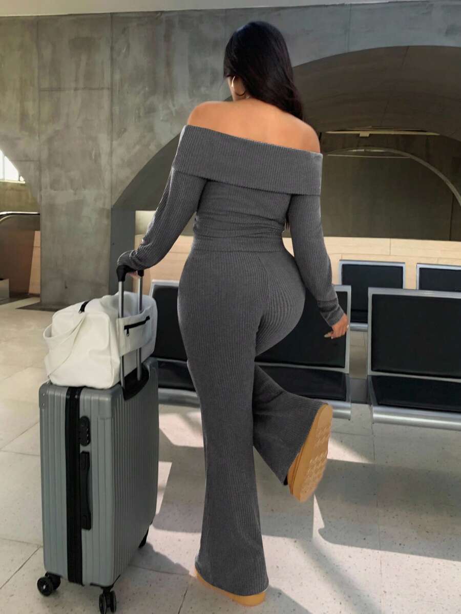 SHEIN EZwear Plus Size Woman Off Shoulder Ribbed 2 Pieces Set,Winter Long Sleeve Pants Sets,Christmas Lounge Set,Burgundy,Autumn,Smart Casual,Everyday Comfortable