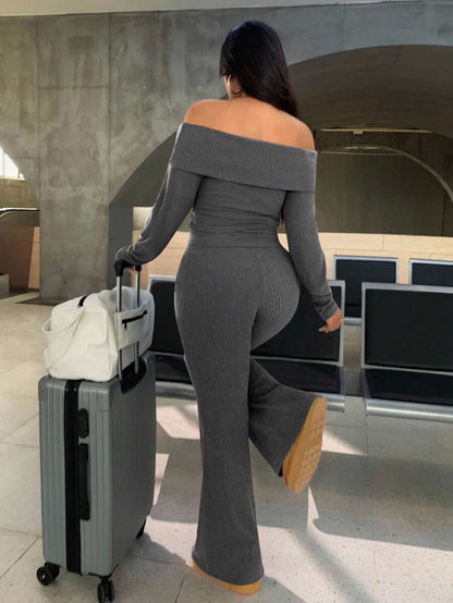 SHEIN EZwear Plus Size Woman Off Shoulder Ribbed 2 Pieces Set,Winter Long Sleeve Pants Sets,Christmas Lounge Set,Burgundy,Autumn,Smart Casual,Everyday Comfortable
