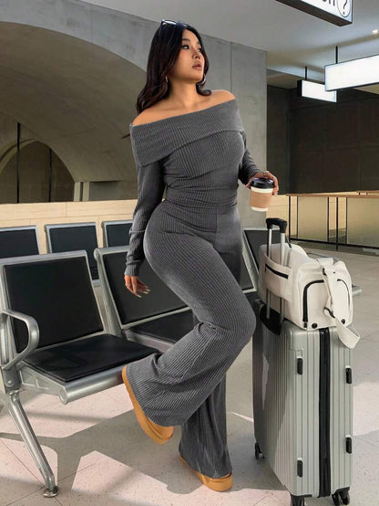 SHEIN EZwear Plus Size Woman Off Shoulder Ribbed 2 Pieces Set,Winter Long Sleeve Pants Sets,Christmas Lounge Set,Burgundy,Autumn,Smart Casual,Everyday Comfortable