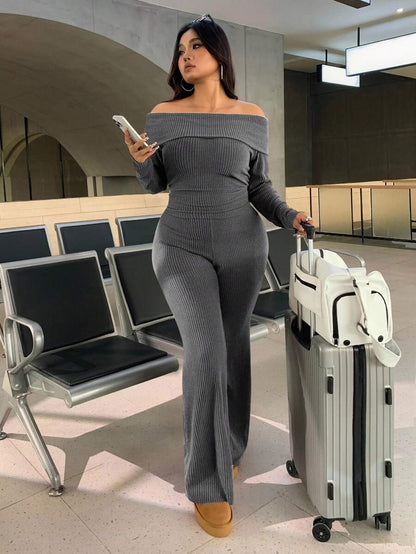 SHEIN EZwear Plus Size Woman Off Shoulder Ribbed 2 Pieces Set,Winter Long Sleeve Pants Sets,Christmas Lounge Set,Burgundy,Autumn,Smart Casual,Everyday Comfortable