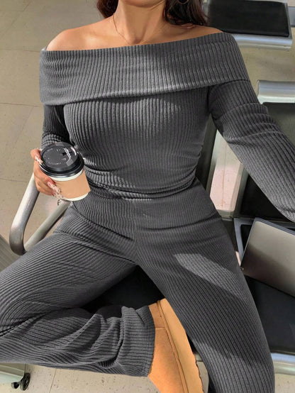 SHEIN EZwear Plus Size Woman Off Shoulder Ribbed 2 Pieces Set,Winter Long Sleeve Pants Sets,Christmas Lounge Set,Burgundy,Autumn,Smart Casual,Everyday Comfortable