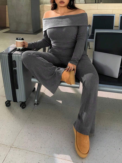 SHEIN EZwear Plus Size Woman Off Shoulder Ribbed 2 Pieces Set,Winter Long Sleeve Pants Sets,Christmas Lounge Set,Burgundy,Autumn,Smart Casual,Everyday Comfortable