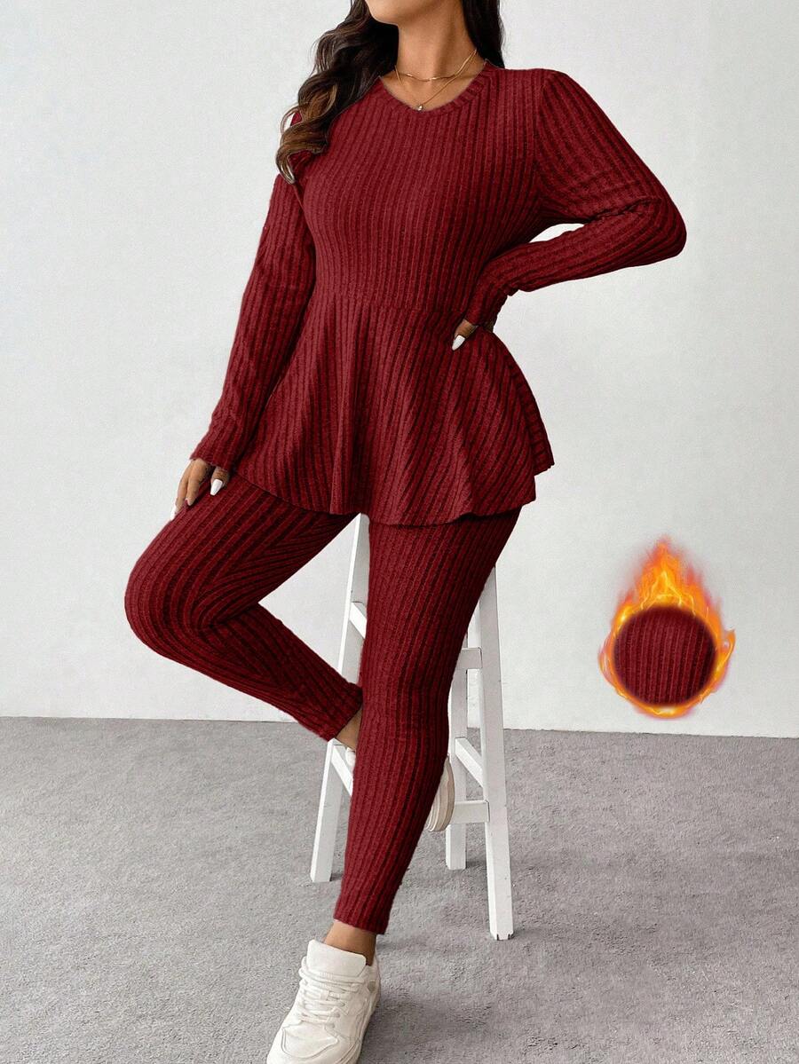 Vionelle Plus Size Navy Blue Winter Women's Knit 2 Pieces Set,Smart Casual Everyday Ruffle Trim Round Neck Long Sleeve Top And Skinny Pants Comfy Lounge Sets