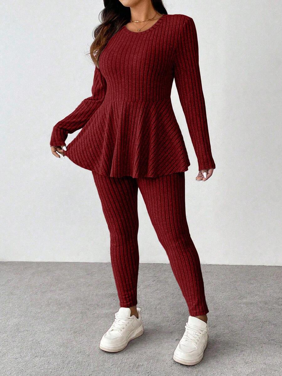 Vionelle Plus Size Navy Blue Winter Women's Knit 2 Pieces Set,Smart Casual Everyday Ruffle Trim Round Neck Long Sleeve Top And Skinny Pants Comfy Lounge Sets