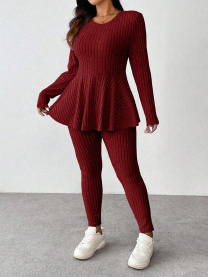Vionelle Plus Size Navy Blue Winter Women's Knit 2 Pieces Set,Smart Casual Everyday Ruffle Trim Round Neck Long Sleeve Top And Skinny Pants Comfy Lounge Sets