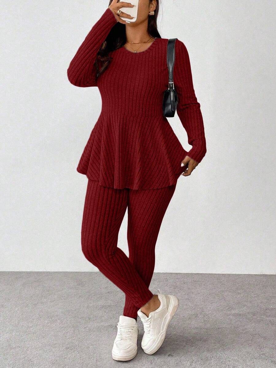 Vionelle Plus Size Navy Blue Winter Women's Knit 2 Pieces Set,Smart Casual Everyday Ruffle Trim Round Neck Long Sleeve Top And Skinny Pants Comfy Lounge Sets