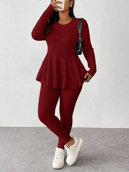 Vionelle Plus Size Navy Blue Winter Women's Knit 2 Pieces Set,Smart Casual Everyday Ruffle Trim Round Neck Long Sleeve Top And Skinny Pants Comfy Lounge Sets