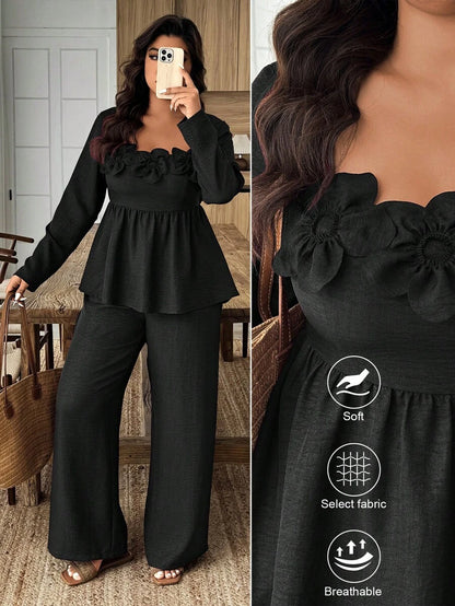 Breezaya 2pcs Plus Size Women Square Neck Ruffle Hem Floral Decor Long Sleeve Top And Pants Set Fall/Winter