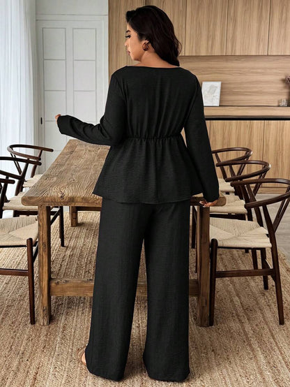 Breezaya 2pcs Plus Size Women Square Neck Ruffle Hem Floral Decor Long Sleeve Top And Pants Set Fall/Winter