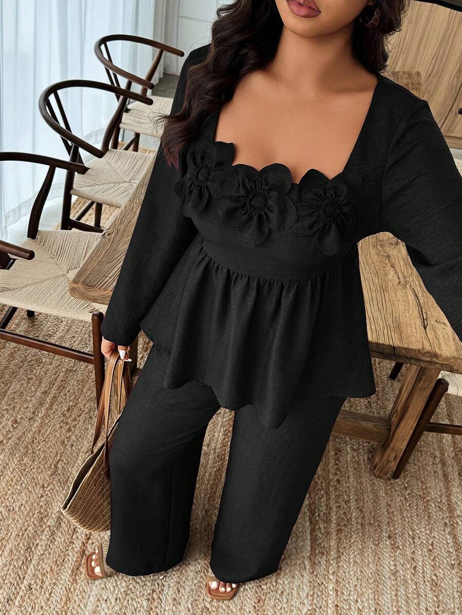 Breezaya 2pcs Plus Size Women Square Neck Ruffle Hem Floral Decor Long Sleeve Top And Pants Set Fall/Winter