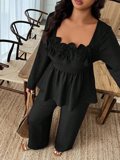 Breezaya 2pcs Plus Size Women Square Neck Ruffle Hem Floral Decor Long Sleeve Top And Pants Set Fall/Winter