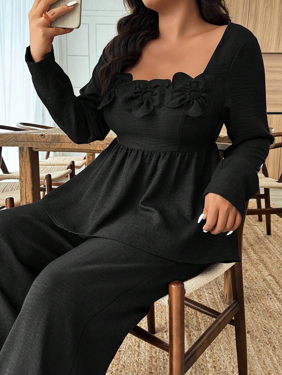 Breezaya 2pcs Plus Size Women Square Neck Ruffle Hem Floral Decor Long Sleeve Top And Pants Set Fall/Winter
