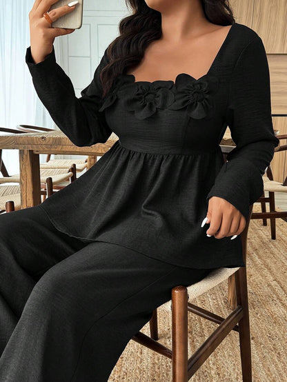 Breezaya 2pcs Plus Size Women Square Neck Ruffle Hem Floral Decor Long Sleeve Top And Pants Set Fall/Winter