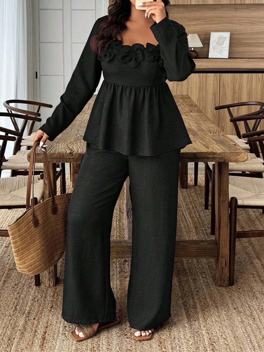 Breezaya 2pcs Plus Size Women Square Neck Ruffle Hem Floral Decor Long Sleeve Top And Pants Set Fall/Winter